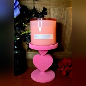 B&BW !!RARE!! Valentine's Day Pink Flocked Stacked Hearts 3-Wick Candle Holder